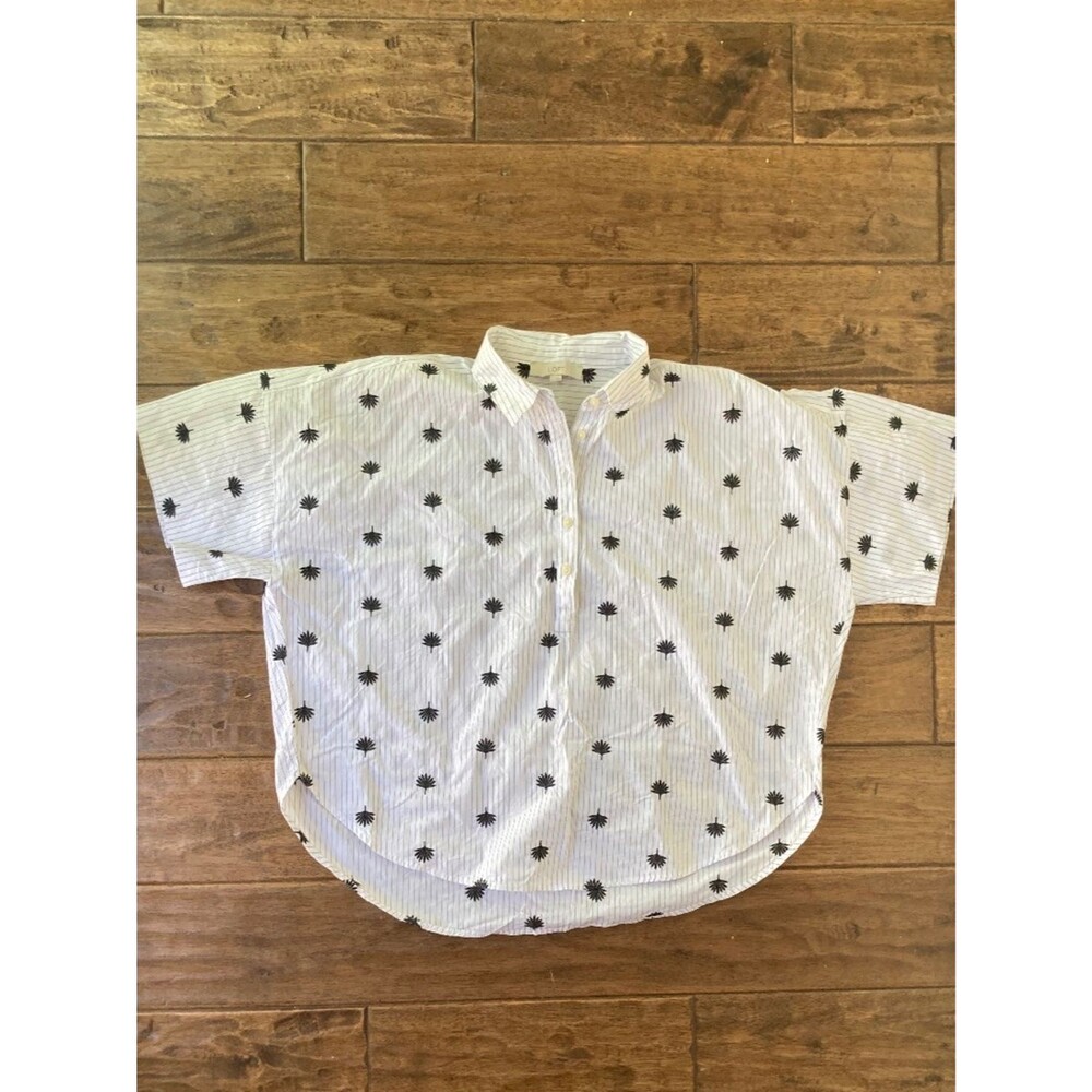 Loft White Button-Front Palm Print Shirt sz Large Black Pinstripes 100% Cotton